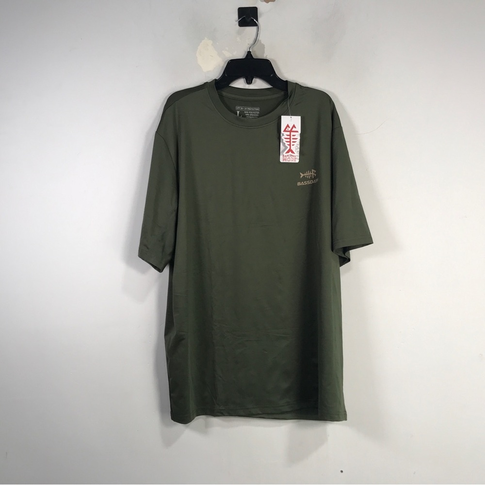 Bassdash UPF 50+ Graphic Short Sleeve Sun Shirt, Men's Size L - Olive/Salmon